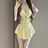 Yan Swimsuit Lady Pure Pink Dress Shading Belly Thin Conservative Hanging Neck Sexy Conjoined Hot Spring Korean Swimsuit