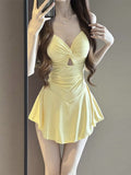 Milk Yellow Kinky Dress-Style Swimsuit Women V Collar Hollow Meat Cover Thin Hot Springs Swimsuit