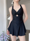 Yan Swimsuit Lady Pure Pink Dress Shading Belly Thin Conservative Hanging Neck Sexy Conjoined Hot Spring Korean Swimsuit